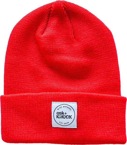 Red Coloured Luke 11:9 Christian Toque. Made in Canada